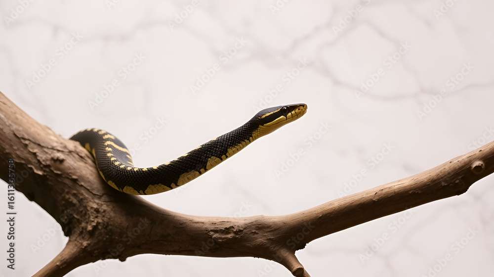 Obraz premium Boa imperator snake on a tree branch with a white marble wall background
