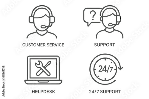 Customer service support icons set. Linear flat helpdesk call center symbols. 24/7 technical support representative headset tools. Vector web application UI