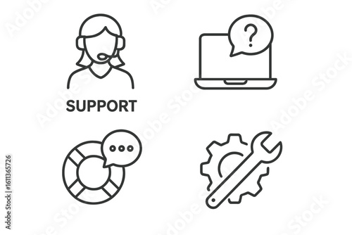 Support customer service help icons set. Linear flat style vector graphics for websites applications. Technical assistance helpdesk maintenance symbols collection