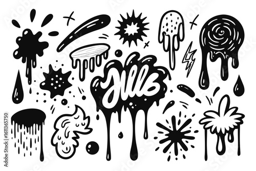 Hand Drawn Doodle Elements with Dripping Paint Splatters and Abstract Shapes in Black and White Perfect for Graffiti Stickers or Unique Design Accents