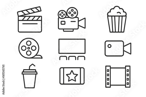 Cinema and movie line icon set. Vector symbols of filmmaking and entertainment. Film camera, clapperboard, popcorn, ticket. Editable outline graphic elements for web.