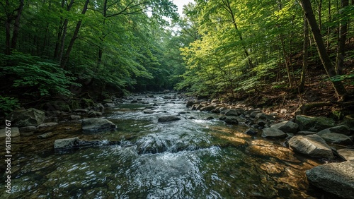 Tranquil forest stream flowing through lush greenery in serene woodland landscape
