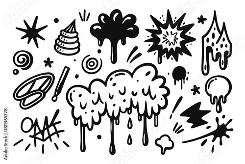 Hand drawn doodle vector illustration of various abstract shapes including stars swirls drips explosions and graffiti isolated on a white background for creative design elements