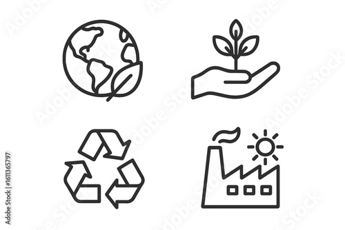 Ecology environment icon set linear style. Green eco sustainable nature earth recycling plant protection symbols. Vector graphics web app design elements collection