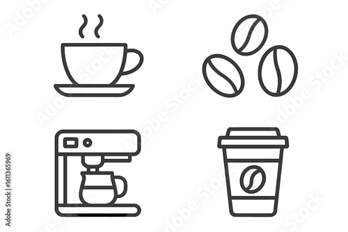Coffee cafe icons set vector linear style. Espresso cup beans machine takeaway. Web application UI design elements. Beverage drink symbols collection editable stroke