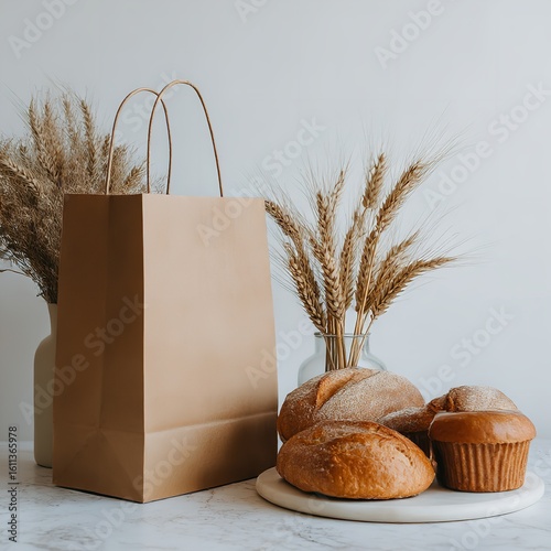 Bakery bread loaf muffin paper bag wheat ears still life food photography baked goods fresh pastries display