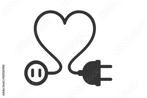 Electric plug and socket cord forming heart icon symbolizing love energy, power connection, renewable electricity charging technology, vector illustration on transparent background