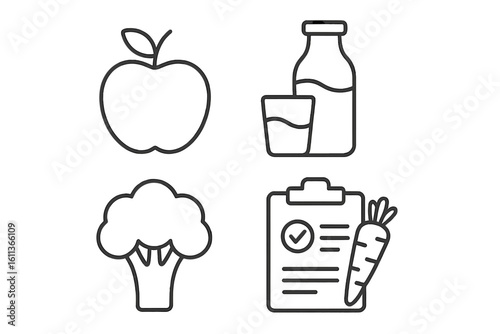 Nutrition and diet plan icon set. Vector outline icons of healthy food like apple, broccoli, milk and a meal planner checklist for a healthy lifestyle concept.