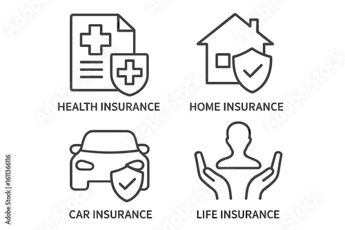 Insurance icon set vector linear flat style. Health car home life insurance symbols protection. Web application UI design elements. Editable stroke business icons collection graphics