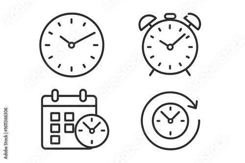 Time clock icons set vector flat linear style web application UI design schedule alarm calendar refresh cycle outline stroke graphic resources interface