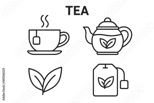 Tea line icons set. Teapot, cup with hot drink, teabag and leaf symbol. Vector collection for cafe menu, web design, beverage packaging. Editable outline pictogram.