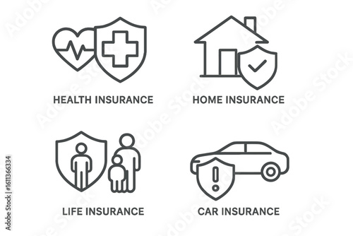Insurance icons set vector linear outline. Health home life car insurance symbols. Protection security shields concept. Web app UI elements. Editable stroke business