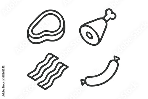Meat products line icon set. Steak, ham, bacon and sausage symbols. Simple vector outline icons for butcher shop, grocery store, menu or cooking app. Editable stroke.