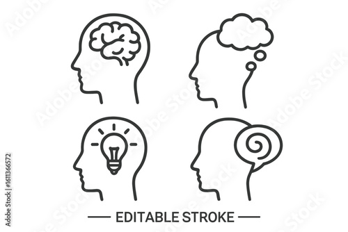 Mindset line icon set. Human head with brain, idea lightbulb, thought cloud, and confusion spiral. Psychology, mental health, thinking process, and creativity concepts vector.