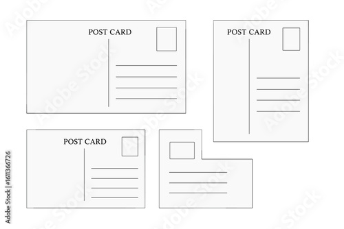 Postcard back template set. Vector illustration of reverse side of postcards in different formats. Blank postal card for mail, message, correspondence, and greeting. Empty mockup.
