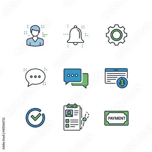 Collection of nine distinct outline icons, including user, bell, gear, speech bubbles, webpage, checkmark, clipboard, and payment.