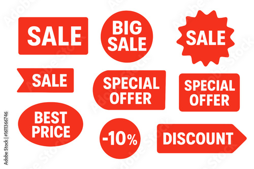 Red sale stickers and special offer labels set. Promotional discount price tags and badges for retail marketing. Vector advertising banners and symbols for shopping promotion.