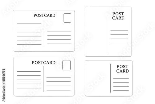 Vector postcard back template set. Reverse side of a postal card with address and message lines. Mail correspondence empty layout. Retro travel post card back design.
