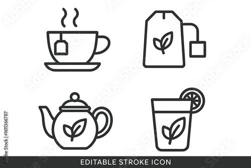 Tea drink icons set. Flat linear vector symbols teacup teapot tea bag beverage collection. Editable stroke outline graphics for web app UI design elements