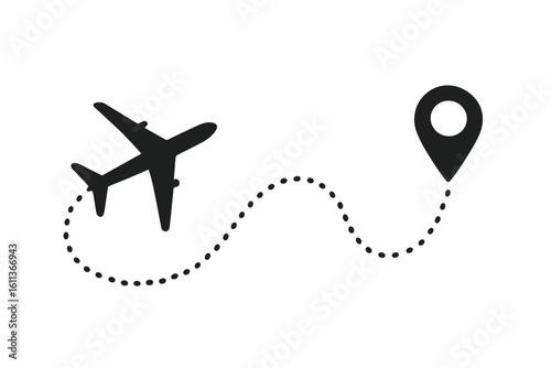 Airplane flight path with start and destination points. Aircraft route on a dotted line. Travel and tourism concept. Journey or vacation trip icon. Navigation pin.