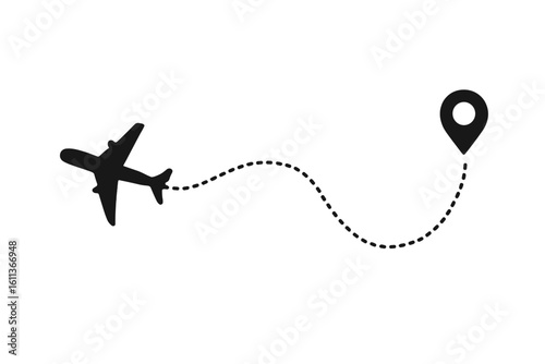 Airplane flight path with location pin. Travel route concept with start and destination point. Aircraft flying on a dotted line. Journey or trip symbol. Vector illustration.