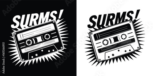 Retro black and white cassette tape illustration with comic style burst and bold SURMS text for vintage music fan t shirt design