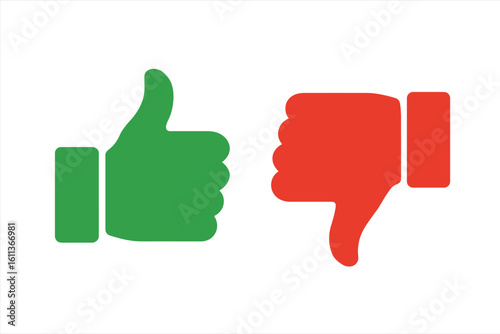 Thumbs up and thumbs down icon set. Green like and red dislike symbol. Concept for customer feedback, rating, survey, and social media vote. Yes and no button vector.