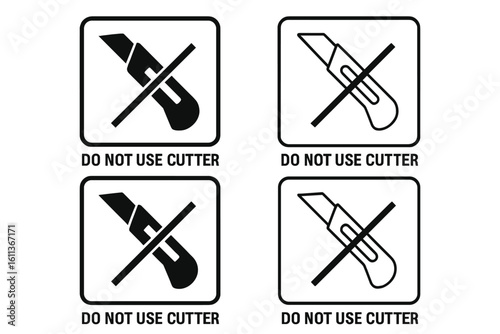 Do not use cutter packaging symbol set. Fragile cargo warning label for shipping and logistics. Prohibition sign with crossed out box cutter or utility knife vector icon.