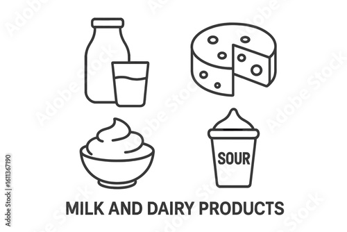 Milk dairy products line icons set. Outline vector collection cheese cream sour bottle glass linear style. Natural cow fermented food symbols graphics design