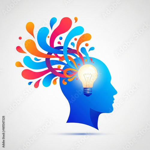 A blue head silhouette with a light bulb and colorful abstract shapes representing ideas and creativity.