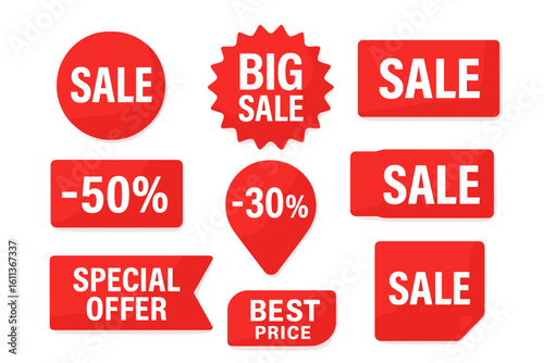 Red sale stickers promotional tags discount badges vector set. Shopping retail marketing labels special offer best price collection various shapes circles ribbons