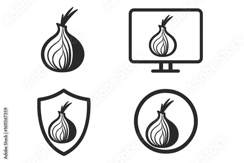 Onion privacy security technology web icons set outline linear style. Computer screen shield circle symbols. Anonymous network browser concept vector graphics collection