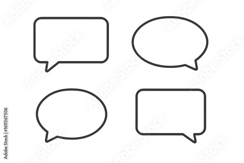 Speech bubble chat dialog conversation talk balloon outline vector icon set. Communication message box UI web design element template transparent background