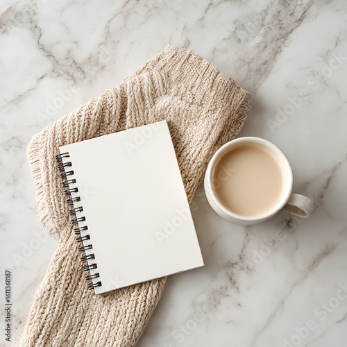 Marble background with coffee cup blank notepad and knit scarf cozy morning aesthetic flat lay mockup template