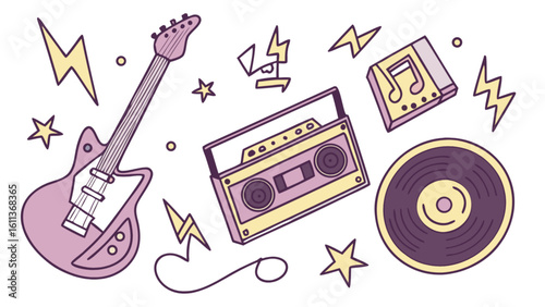 Retro music vector art featuring guitar cassette tape vinyl record and lightning bolt illustrations design