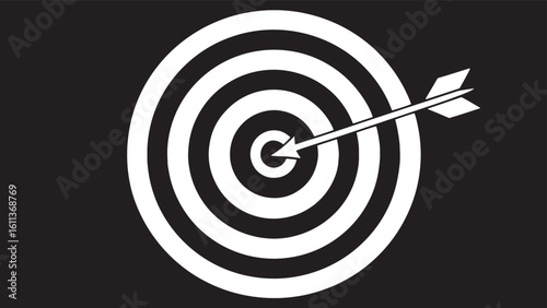 White arrow hitting bullseye on black target dart