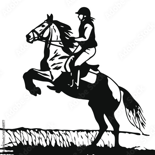 Dynamic Equestrian Silhouette A Horse and Rider Jumping Over Obstacle Course Agility and Precision Demonstrated