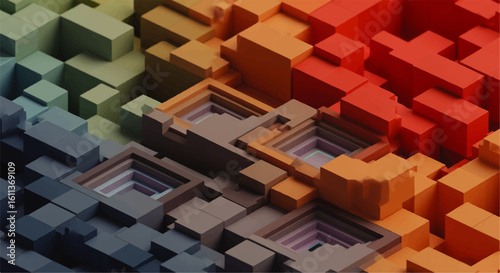 Abstract 3D landscape of colorful, interlocking cubes and recessed squares, forming a complex geometric pattern.