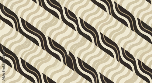 Abstract diagonal wavy pattern in beige and dark brown.  Elegant, repeating geometric design ideal for textile or wallpaper.