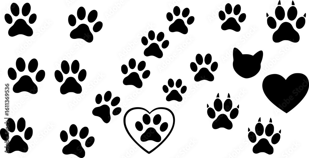 Fototapeta premium Pet paw editable stroke. footprints Pet paw, Heart with pet paw print dog cat icon, vector illustration