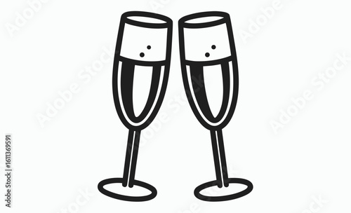 Champagne glasses icon, celebration toast silhouette, sparkling wine graphic, Two glasses of champagne and bubbles