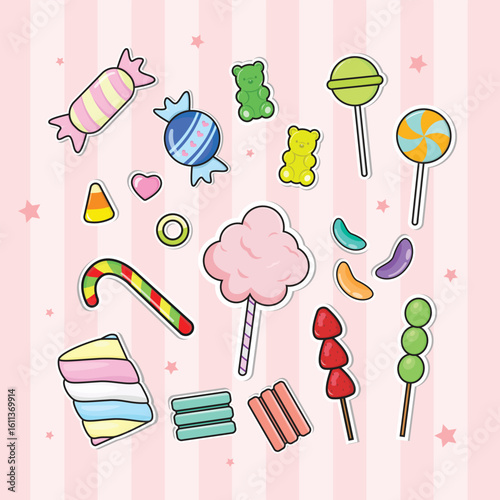 Colorful sticker set of candies including lollipos, wrapped candy, cotton candy, marshmallow, bubble gum, gummy bear, etc. Perfect for kids-themed designs, party decor, and planners.