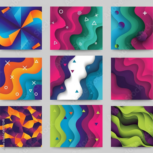 Nine vibrant, abstract paper-cut style designs featuring wavy patterns and geometric shapes in a colorful palette.