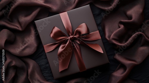 Dark brown gift box with maroon ribbon on dark fabric.
