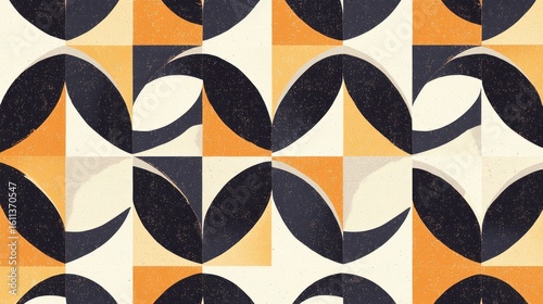 Abstract geometric pattern with orange, beige, and black curved shapes in a repeating grid.