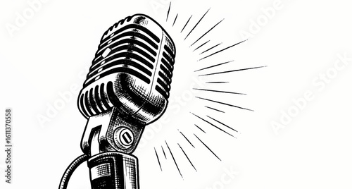 Vintage microphone with sound waves on white background