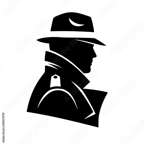 Mysterious agent silhouette in a fedora hat and trench coat. A graphic icon of a detective or spy for security and investigation concepts.
