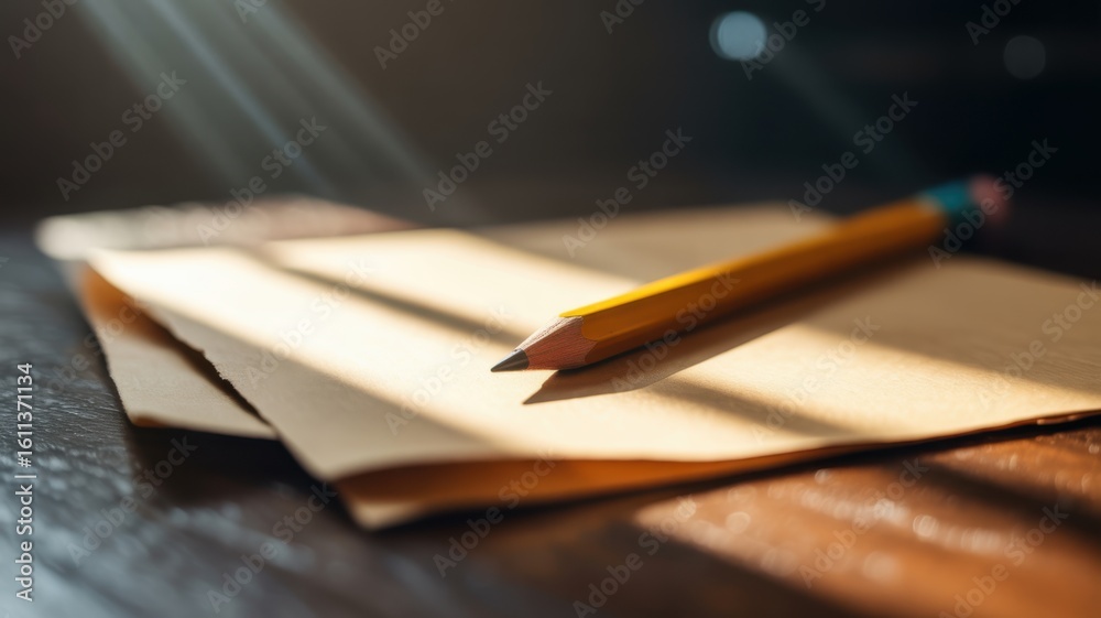Fototapeta premium A pencil rests on paper illuminated by a beam of sunlight