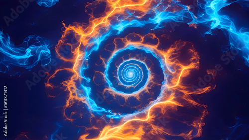 Abstract swirling vortex of blue and orange energy, creating a mesmerizing spiral effect against a dark background.