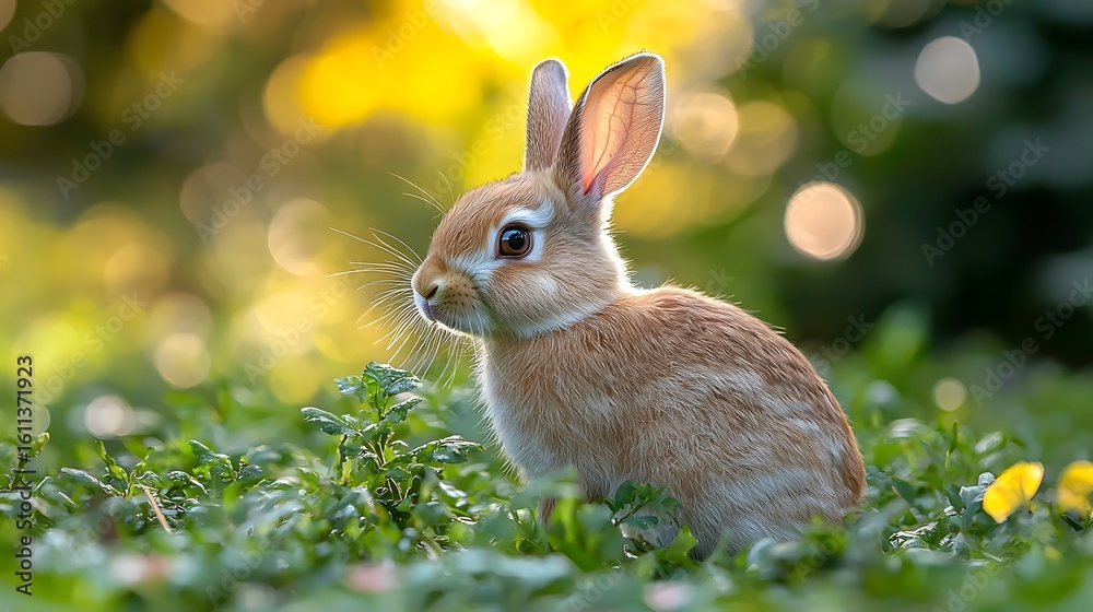 Fototapeta premium Cautious rabbit sniffing a new plant with curious explo n